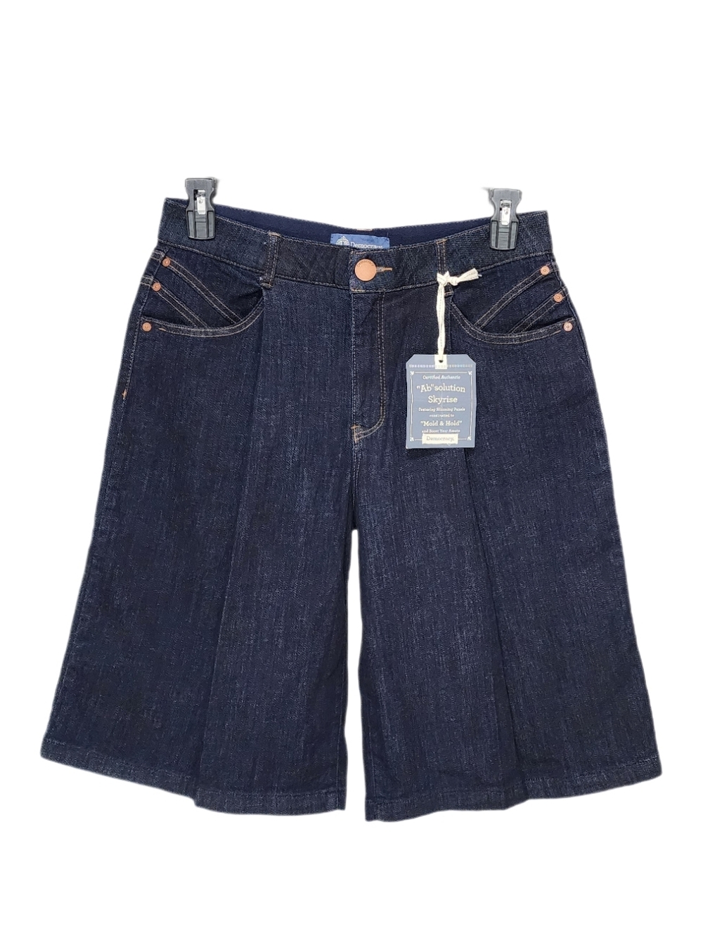 Democracy Pleated Front Relaxed Denim Bermuda Shorts Skyrise Ab Solution Indigo - Picture 6 of 9